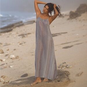The Handloom Canggu Maxi Dress Navy with Metallic Stripes Sz S